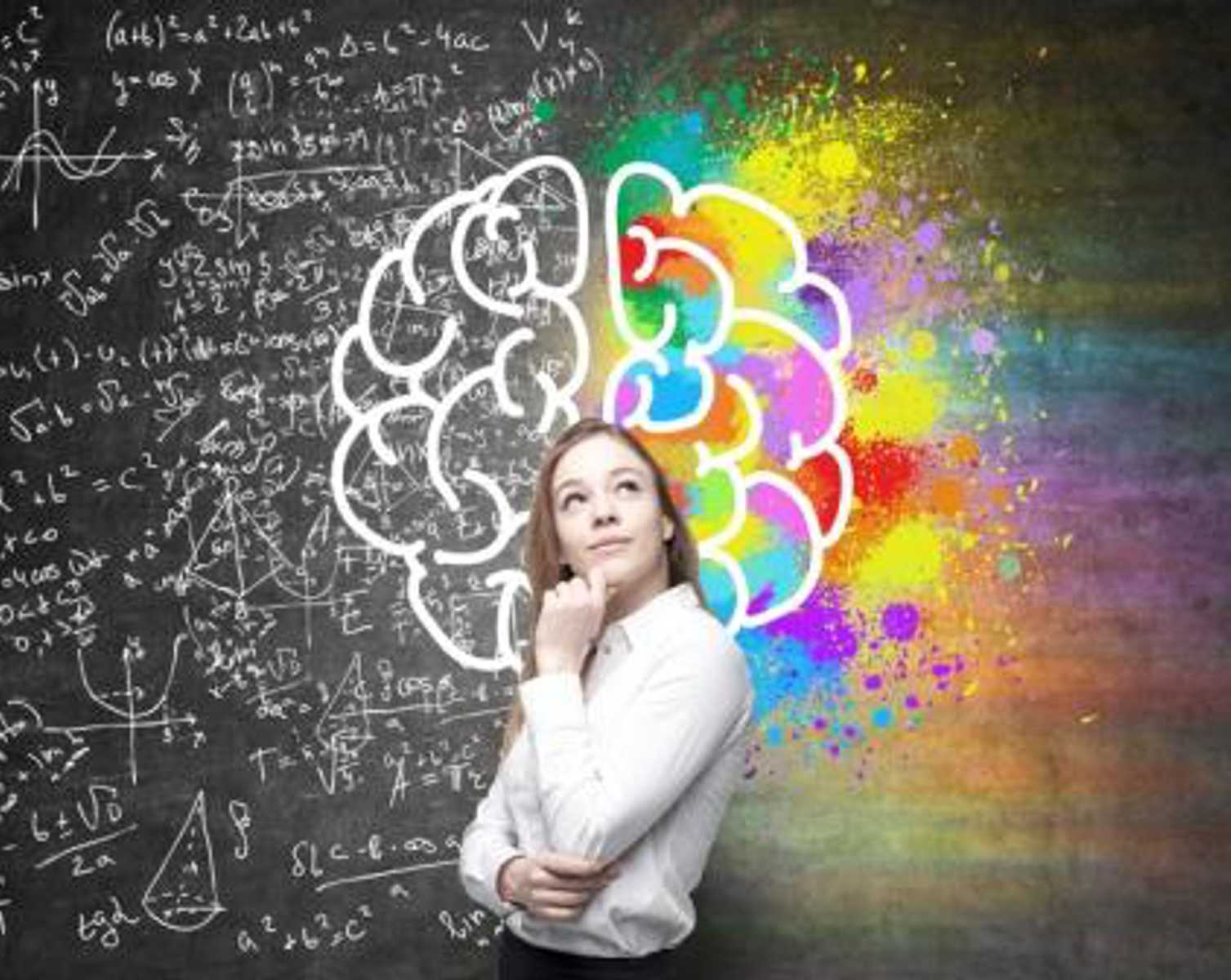 Right and left hemispheres, creative and analytical thinking concept with thoughtful businesswoman on background divided into colorful and mathematical formula walls